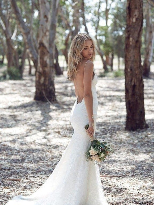 Backless Mermaid Spaghetti Strap Full Lace Wedding Dresses - wedding dresses