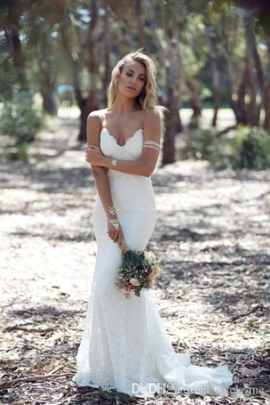 Backless Mermaid Spaghetti Strap Full Lace Wedding Dresses - White / Floor Length - wedding dresses