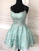 Backless Short Mint Green Lace Prom Dresses with Straps, Mint Green Lace Formal Graduation Homecoming Dresses