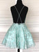 Backless Short Mint Green Lace Prom Dresses with Straps, Mint Green Lace Formal Graduation Homecoming Dresses