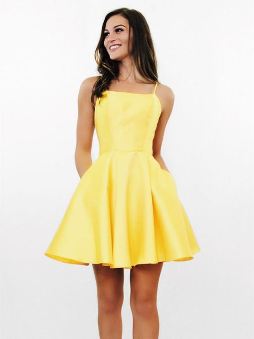 Backless Short Yellow Prom Dresses, Backless Yellow Formal Graduation Homecoming Dresses