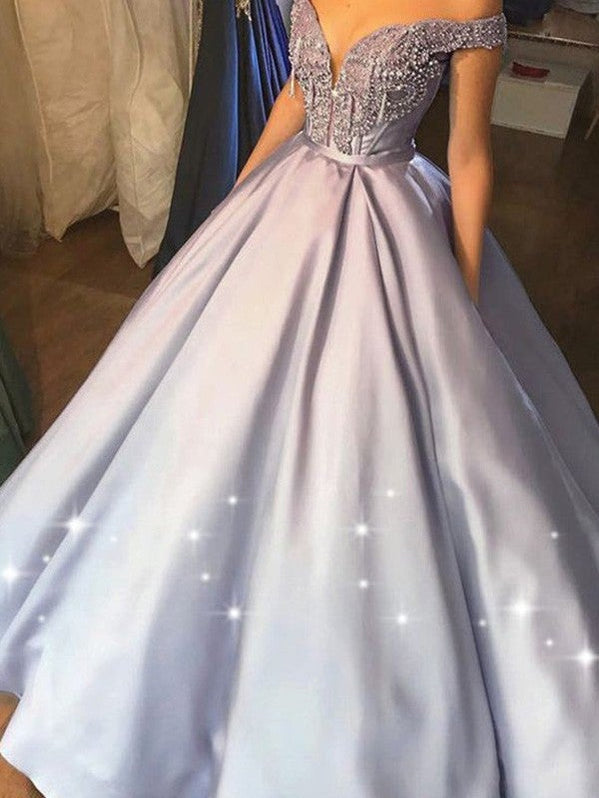 Ball Gown Off-the-Shoulder Long Sleeves Beading Satin Prom Dresses main image 1
