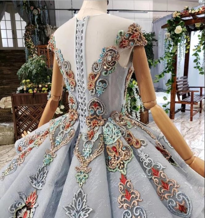 Ball Gown Blue Cap Sleeve Long Prom Lace up Beading Quinceanera Dresses - Prom Dresses