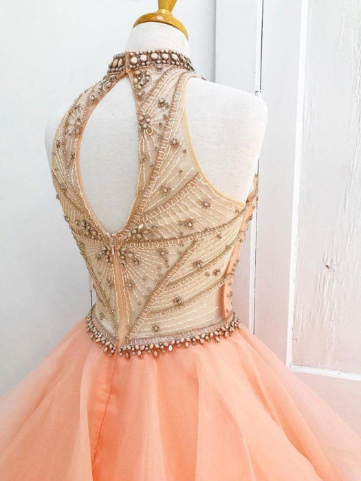 Ball Gown Floor Length High Neck Sleeveless Open Back Beading Tulle Prom Dress - Prom Dresses