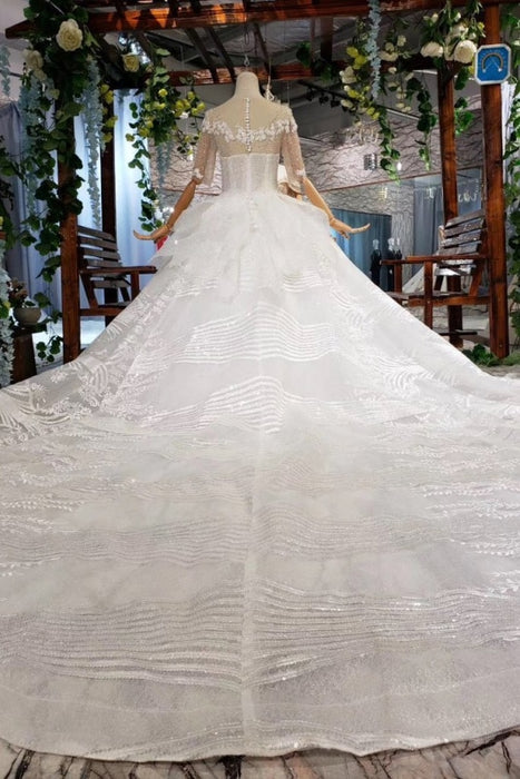 Ball Gown Half Sleeves Lace with Sequins Sheer Neck Long Wedding Dress - Wedding Dresses