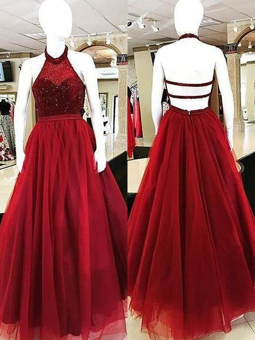 Ball Gown Halter With Beading Floor-Length Tulle Prom Dresses - Prom Dresses