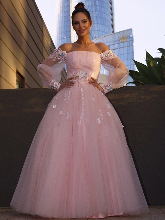Ball Gown Hand-Made Flower Tulle Long Sleeves Off-the-Shoulder Floor-Length Dresses - Prom Dresses