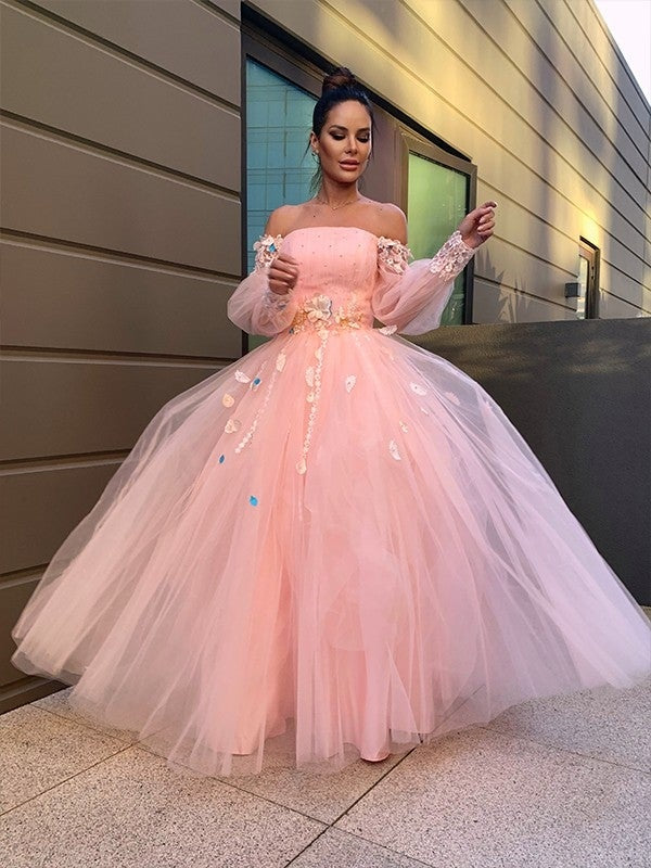 Ball Gown Hand-Made Flower Tulle Long Sleeves Off-the-Shoulder Floor-Length Dresses - Prom Dresses