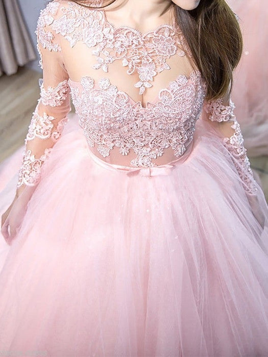Ball Gown Jewel Long Sleeves Sweep/Brush Train Lace Tulle Dresses - Prom Dresses