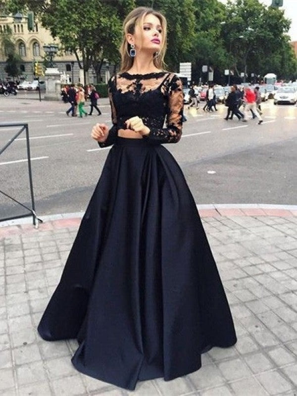 Ball Gown Long Sleeves Bateau Satin Floor-Length Dresses - Prom Dresses