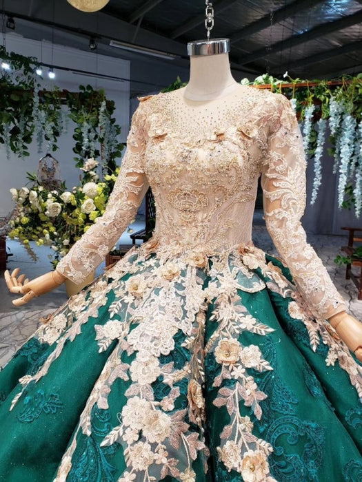 Ball Gown Long Sleeves Floor Length Prom Dress with Appliques Quinceanera Dresses - Prom Dresses
