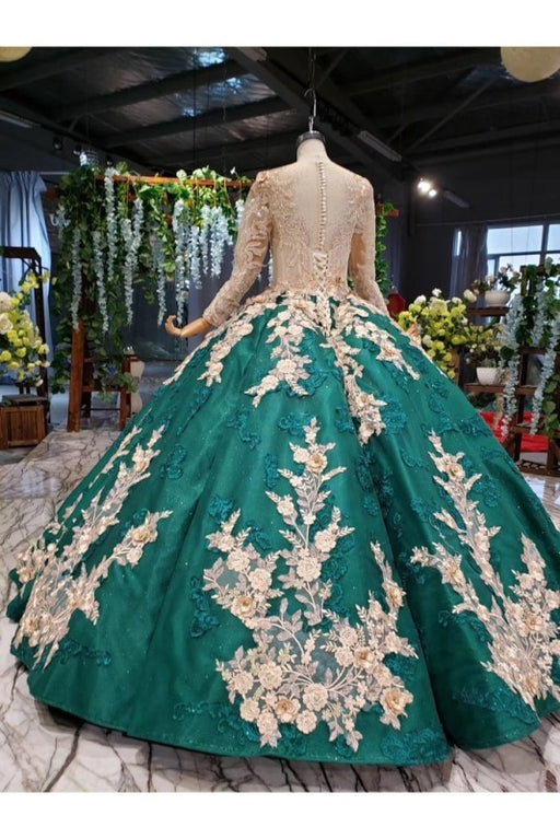 Ball Gown Long Sleeves Floor Length Prom Dress with Appliques Quinceanera Dresses - Prom Dresses