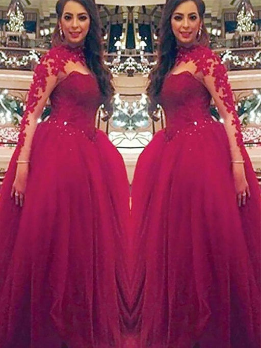 Ball Gown Long Sleeves High Neck Applique Floor-Length Tulle Dresses - Prom Dresses