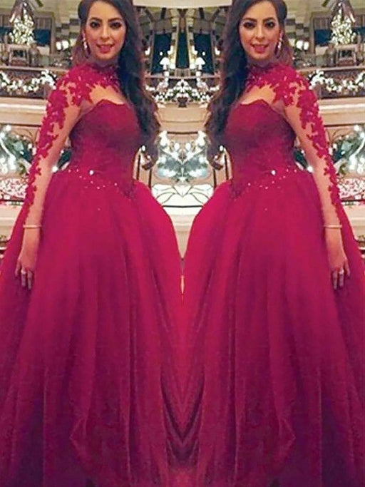 Ball Gown Long Sleeves High Neck Applique Floor-Length Tulle Dresses - Prom Dresses