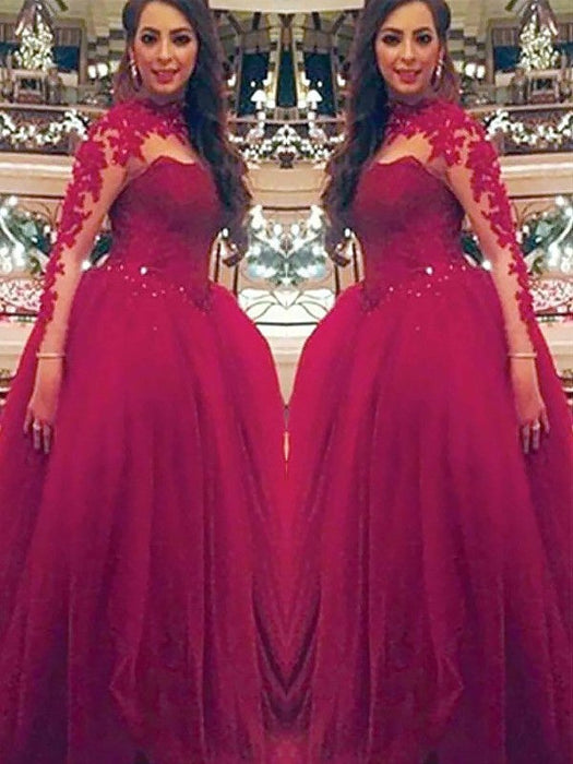 Ball Gown Long Sleeves High Neck Applique Floor-Length Tulle Dresses - Prom Dresses