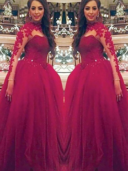 Ball Gown Long Sleeves High Neck Applique Floor-Length Tulle Dresses - Prom Dresses