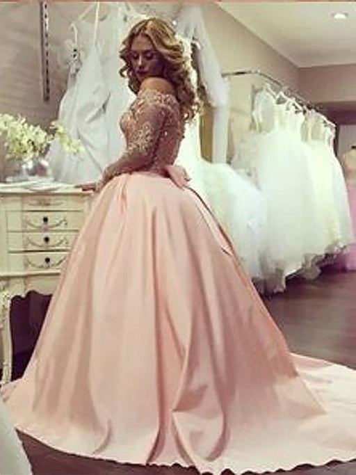 Ball Gown Long Sleeves Off-the-Shoulder Beading Satin Court Train Dresses - Prom Dresses