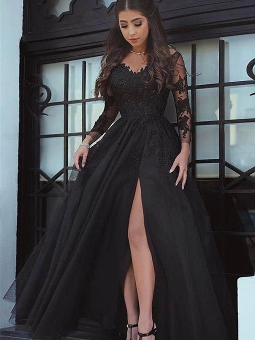 Ball Gown Long Sleeves Off-the-Shoulder Floor-Length Tulle Applique Dresses - Prom Dresses
