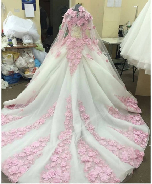 Ball Gown New Style Long Sleeve Tulle Prom with Pink Flowers Ivory Wedding Dress - Prom Dresses