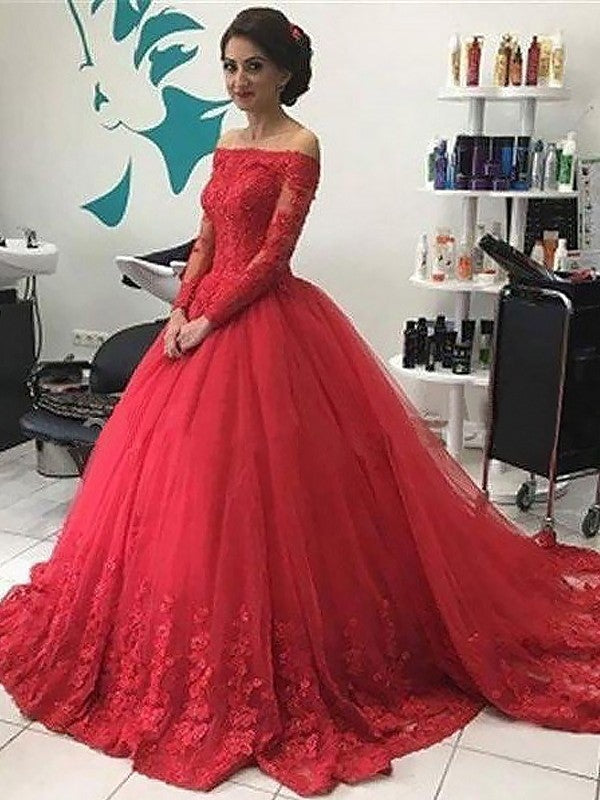 Ball Gown Off-the-Shoulder Long Sleeves Lace Tulle Court Train Dresses - Prom Dresses