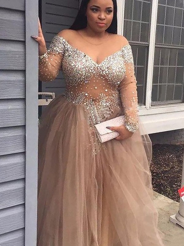Ball Gown Off-the-Shoulder Long Sleeves Sequin Tulle Floor-Length Dresses - Prom Dresses