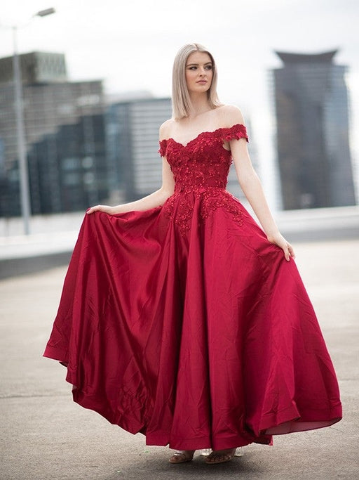Ball Gown Off-the-Shoulder Satin Applique Sleeveless Floor-Length Dresses - Prom Dresses