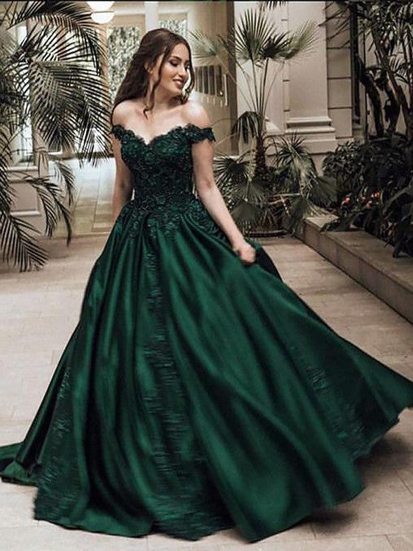 Ball Gown Off-the-Shoulder Sleeveless Floor-Length Lace Satin Dresses - Prom Dresses