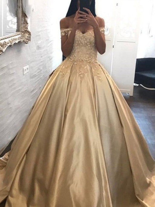 Ball Gown Off-the-Shoulder Sleeveless Sweep/Brush Train Applique Satin Dresses - Prom Dresses