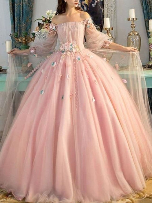 Ball Gown Off-the-Shoulder Tulle Long Sleeves Hand-Made Flower Floor-Length Dresses - Prom Dresses