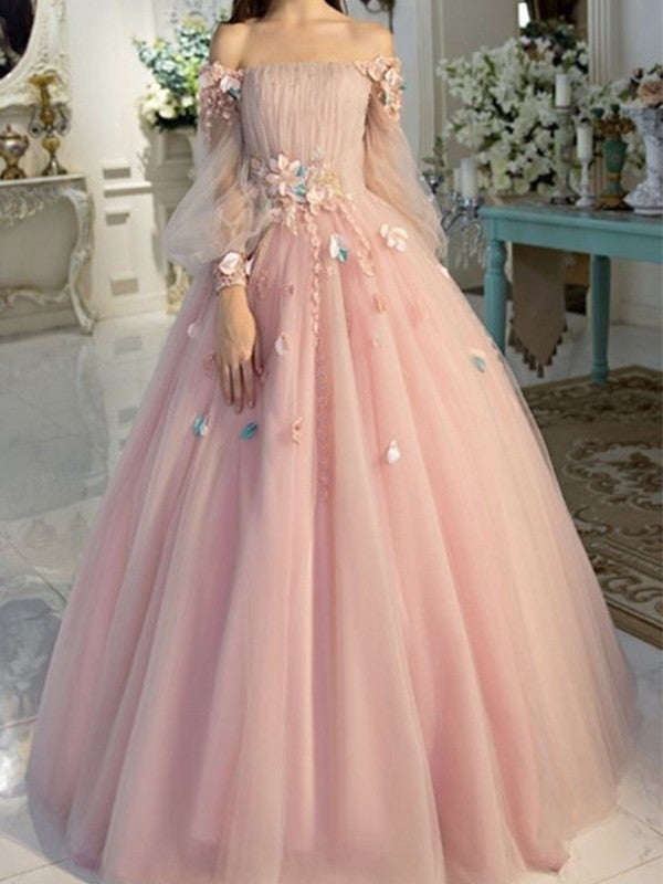 Ball Gown Off-the-Shoulder Tulle Long Sleeves Hand-Made Flower Floor-Length Dresses - Prom Dresses