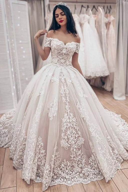 Ball Gown Off the Shoulder with Lace Appliques Gorgeous Wedding Dress - Wedding Dresses