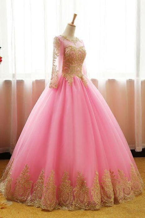 Ball Gown Pink Tulle Prom with Gold Appliques Long Sleeves Quinceanera Dress - Prom Dresses