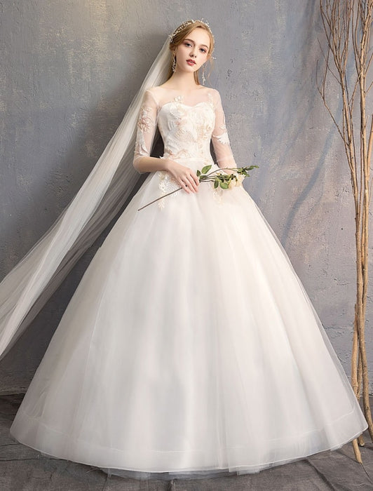 Ball Gown Princess Wedding Dresses Ivory Half Sleeve Backless Applique Bridal Dress