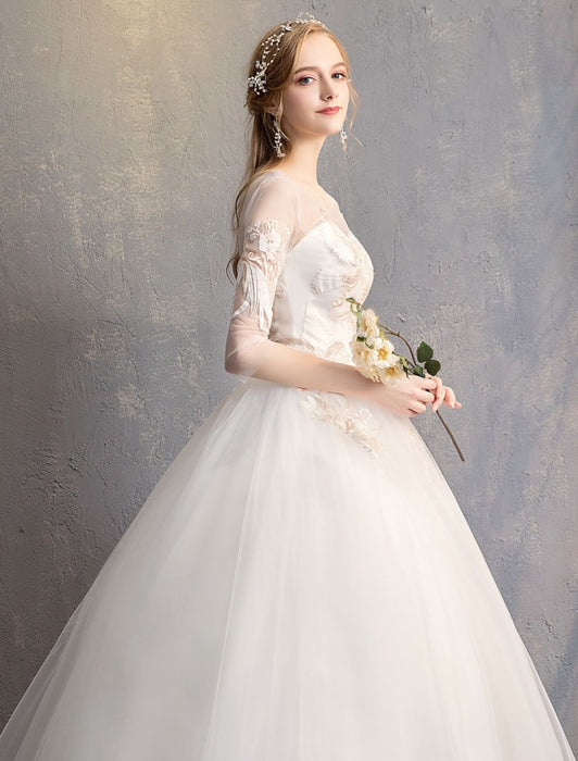 Ball Gown Princess Wedding Dresses Ivory Half Sleeve Backless Applique Bridal Dress