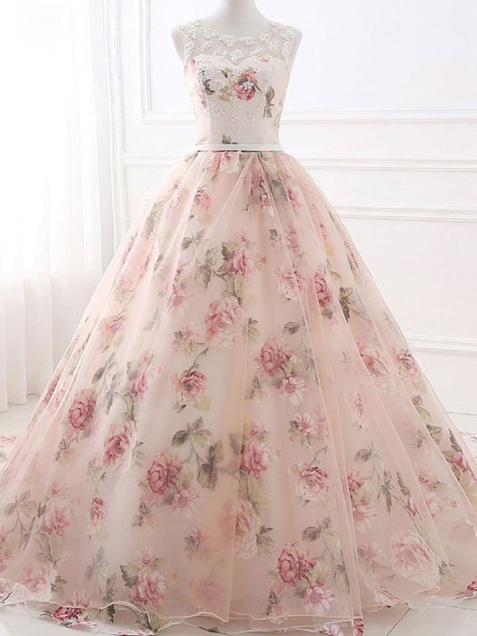 Ball Gown Print Prom Lace Up Back Appliques Long Quinceanera Dresses - Prom Dresses