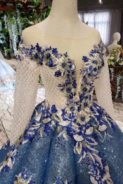 Ball Gown Prom Dresses Sheer Neck Long Sleeves Lace Up Back Sequins Appliques - Prom Dresses
