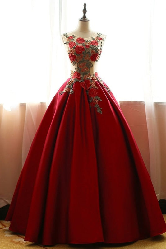 Ball Gown Red Floor-length Scoop Sleeveless rose applique Prom Elegant Formal Dresses - Prom Dresses