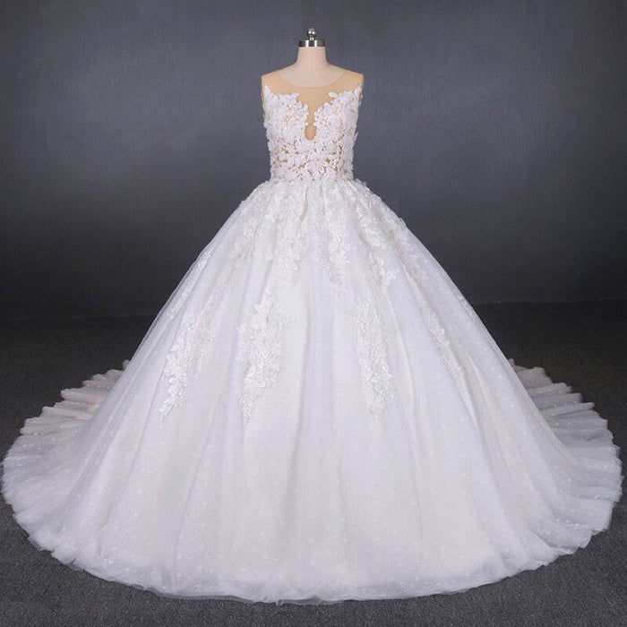 Ball Gown Sheer Neck Sleeveless White Lace Appliqued Wedding Dress - Wedding Dresses