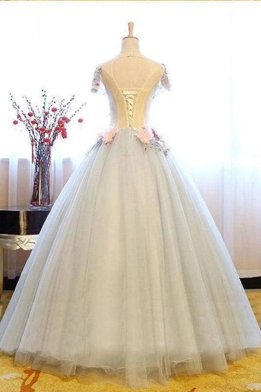 Ball Gown Sheer Neck Tulle Party with Flowers Floor Length Long Prom Dress - Prom Dresses