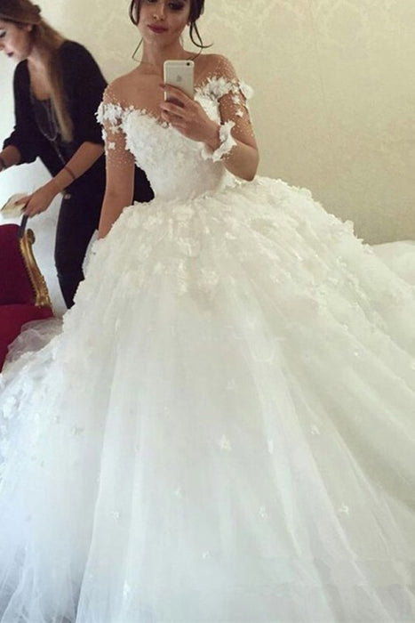 Ball Gown Sheer Neck with Flowers Long Sleeves Puffy Wedding Dress - Wedding Dresses
