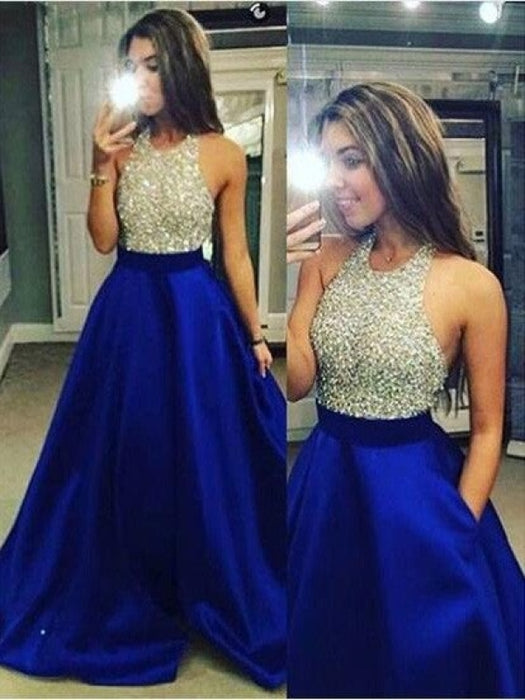 Ball Gown Sleeveless Jewel Crystal Satin Floor-Length Dresses - Prom Dresses
