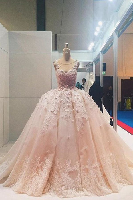Ball Gown Sleeveless Lace Appliqued Tulle Prom Dresses Quinceanera Wedding Dress - Prom Dresses