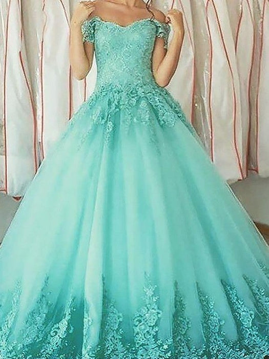 Ball Gown Sleeveless Off-the-Shoulder Applique Floor-Length Tulle Dresses - Prom Dresses