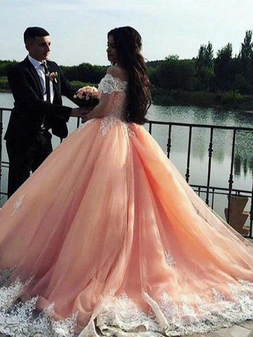 Ball Gown Sleeveless Off-the-Shoulder Court Train Tulle Lace Dresses - Prom Dresses