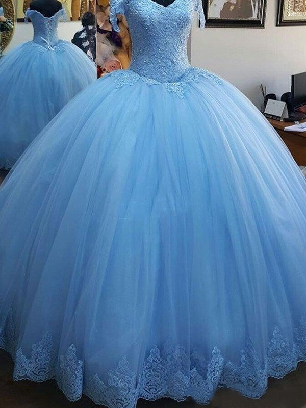 Ball Gown Sleeveless Off-the-Shoulder Sweep/Brush Train Lace Tulle Dresses - Prom Dresses