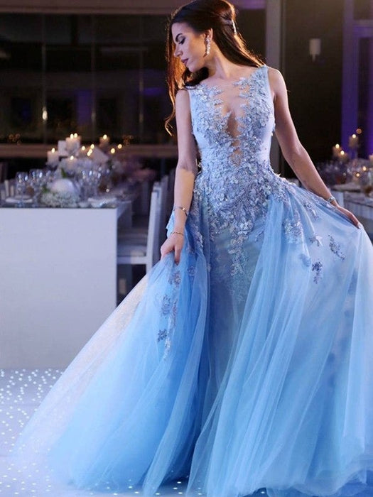 Ball Gown Sleeveless Scoop Sweep/Brush Train Applique Tulle Dresses - Prom Dresses