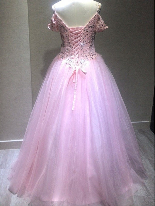 Ball Gown Sleeveless Spaghetti Straps Tulle Crystal Floor-Length Dresses - Prom Dresses