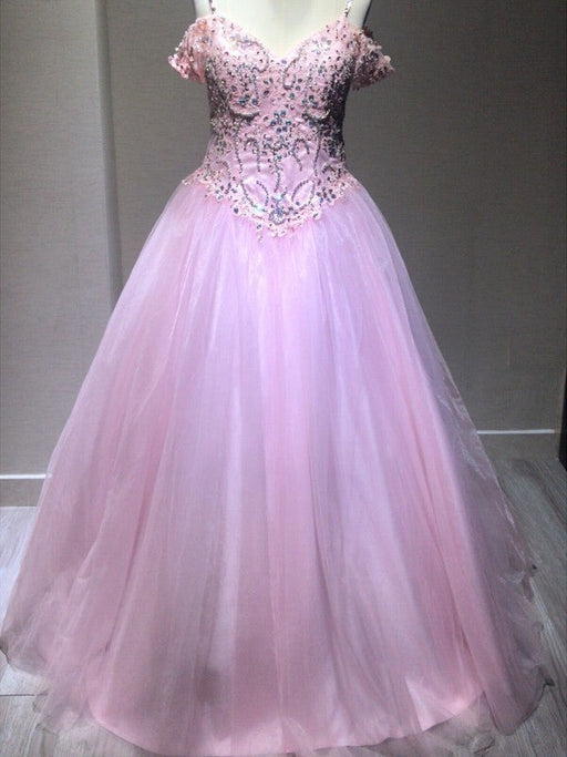 Ball Gown Sleeveless Spaghetti Straps Tulle Crystal Floor-Length Dresses - Prom Dresses