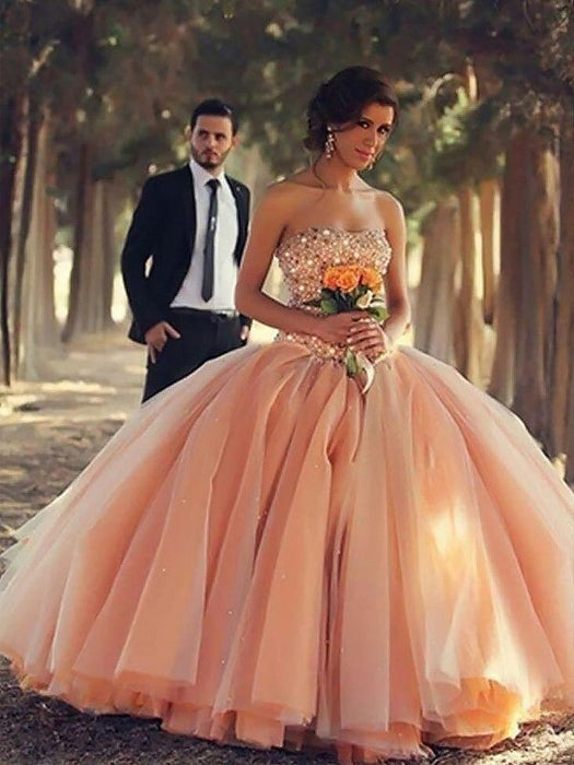 Ball Gown Sleeveless Strapless Beading Floor-Length Tulle Dresses - Prom Dresses