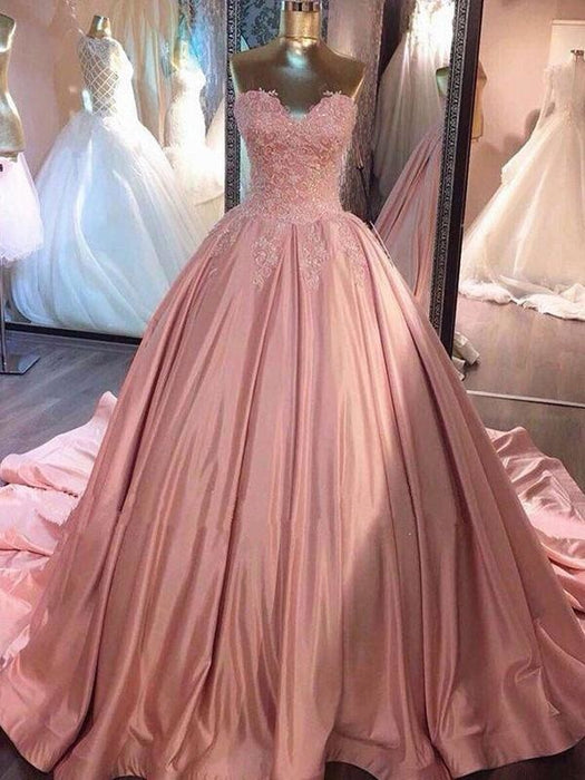 Ball Gown Sleeveless Sweetheart Court Train Lace Satin Dresses - Prom Dresses